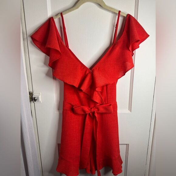 Blue Blush Tomato Red Cold Shoulder Ruffle Romper w/ pockets Sm / Medium Outfit - Picture 1 of 8